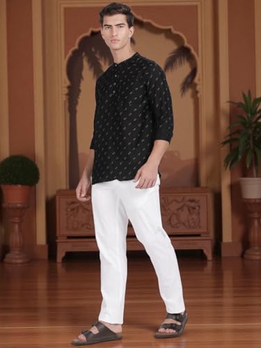 Image of KRYPTIC Men's Full Sleeve Regular Fit Short Kurta in Premium Pure Cotton with Patch Pocket and Mandarin Collar - Perfect Blend of Style and Comfort