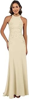 Satin Lace Mother of The Bride Dresses Long Halter Sleeveless Formal Dresses for Women Wedding Guest