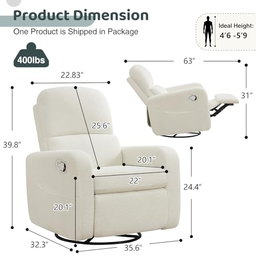 Image of Swivel Rocker Recliner, Oversized Boucle Glider Recliner Nursery, Teddy Manual Swivel Rocking Reclining Chairs with Removable Cushion and Lumbar Support for Nursery Living Room Bedroom, White