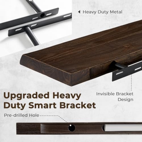 Image of Live Edge Elm Floating Shelves - 48 In Rustic Solid Wood Shelves with Heavy-Duty Invisible Bracket, Wall-Mounted Wooden Shelf for Living Room, Bathroom, Kitchen Storage & Display, Set of 1, Walnut