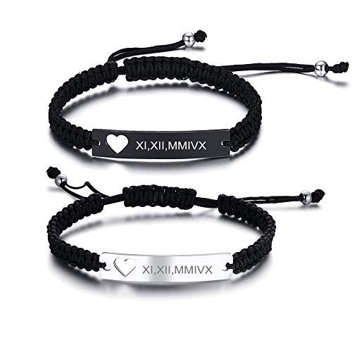 MEALGUET Stainless Steel ID Plate Bracelets Custom Engraving Handmade Braided Rope Wrist Bangle for Men Women Friendship Couple Bracelet for Christmas (Heart Customize)