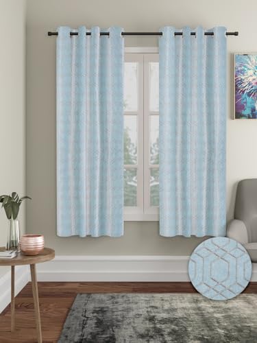 Image of Cortina Striped Light-Filtering Polyester Curtains 5 feet Long Set of 2 for Window [ Opacity: 50-60%, Color: Light Blue, Knitting Foil Curtains -160 GSM ]