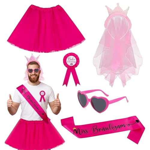 5-Teiliges Junggesellenabschied Männer Set, Jga Kostüm Männer Ausstattung, Junggesellenabschied Accessoires Mit Schulterband, Brustanhänger, Haarband, Kleid Und Brille, Partyzubehör Für Erwachsene Ver