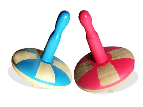 Image of VParents Wooden Spin Tops Non Toxic Organic for Kids (3 Years+) - Curiosity & Fine Motor Skills (2 Pieces) (Pink Blue)