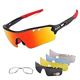 Polarized Sports Sunglasses Cycling Sun Glasses for Men Women with 5 Interchangeable Lenes for Running Baseball Golf Driving (Black/Red, 75)