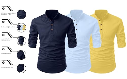 Image of FINIVO FASHION Combo of Men's Cotton Blend Solid Regular Fit Full Sleeve Straight Short Kurta Shirt, Casual and Formal Wear
