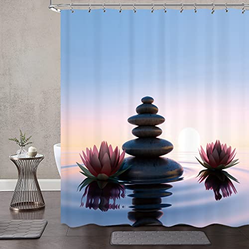 KOMLLEX Stone Zen Dark Lotus Flower Shower Curtain Set 60Wx72H Inch Rock Yoga Spa Pebble Shower Curtain for Bathroom Decor Asian Meditation Reflection Relaxing Fabric Polyester 12 Pack Hooks