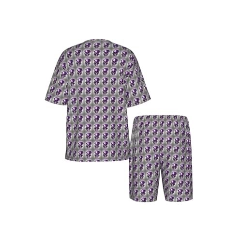 Pyjama 2 pièces homme violet avec motif rose et crâne à manches courtes