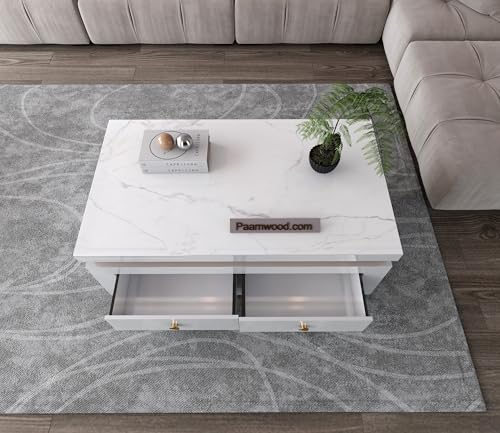 Image of Premium Marble-Top Wooden Center Table for Living Room | Coffee Table | Contemporary Design Craftsmanship (White with Drawer -42x24x17 Inch)
