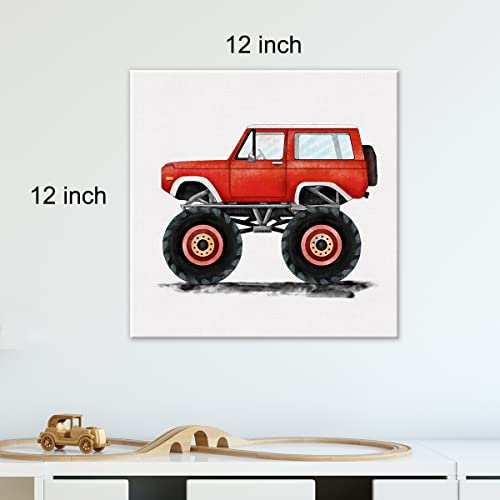 Red Truck Monster Truck Print Watercolor Vehicle Monster Truck Paintings Canvas Wall Art 12X12 Transportation Poster Canvas Artwork Ready To Hang Home Nursery Decor (Framed) #TOP1