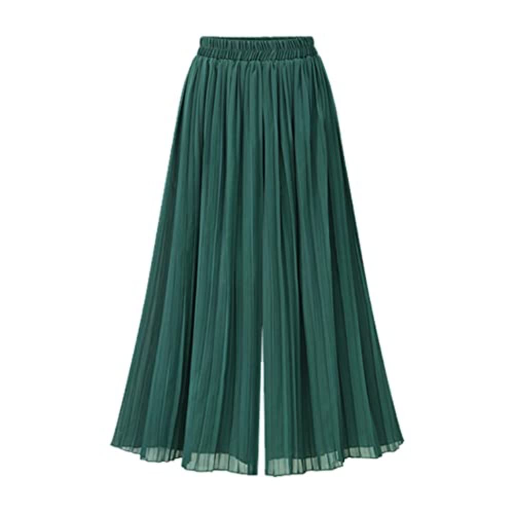 Womens Wide Leg Pant Chiffon Pleated High Elastic Waist Casual Long Fashion Cropped Flowy Business Trousers