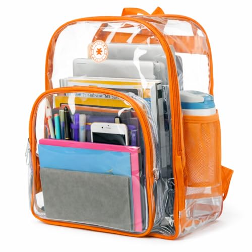 K-Cliffs Mochila transparente grande resistente, bolsa escolar, durável, vinil transparente, laranja, One_Size, 43 x 34 x 17 cm