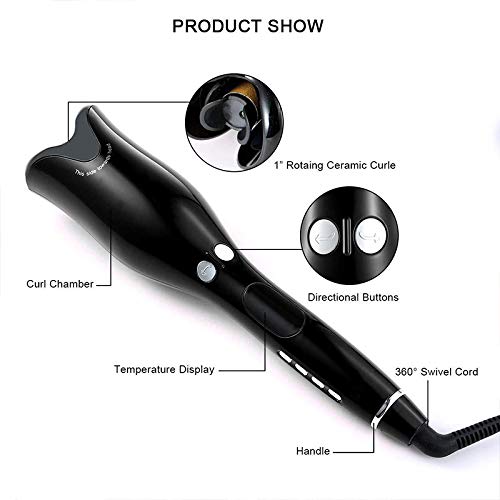 1 Inch Curling Iron,Automatic Curling Iron,Rotating Ceramic Curling Iron with LED Temperature Display and Timer, Rose Professional Air Spin N Curl Hair Curler-Black.