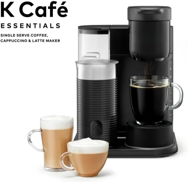 KeuriigK K Cafe Essentials Single Serve K Cup Pod Coffee, Latte and Cappuccino Maker, Built In Milk Frother, Latte & Cappuccino Brewer, Espresso Shot, 3 Brew Sizes, 42 oz Water Reservoir, color Black