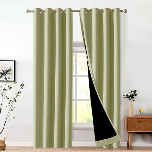 ThinkArtDecor 100% Blackout Long Door Curtains 9 Feet Set of 2 | Olive Mint, Rich Shades, Tie Backs Included, Room Darkening, Black Woven Back, 4 in W