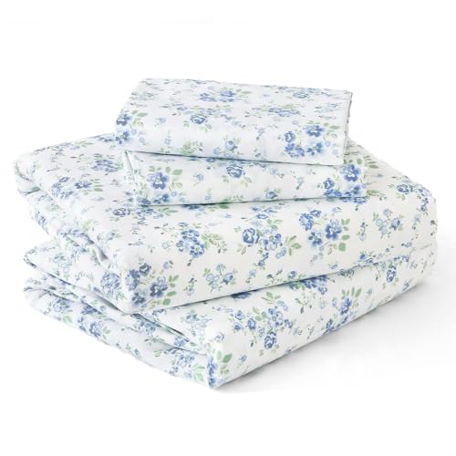Image of MUXHOMO TwinXL Size 4 Piece Sheet Set, Soft Breathable Bed Sheet Set for Bedroom with Deep Pocket Up to 16 inch, Wrinkle-Free & Cooling Bedding for Oeko-TEX Certified - Blossoms Light Blue
