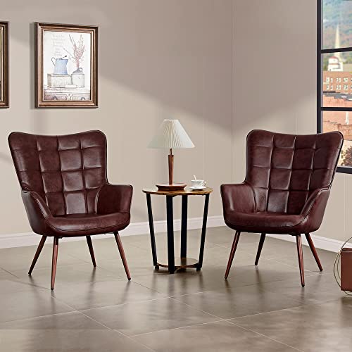 Yaheetech Pu Leather Armchair, Mid-Century Accent Chair With Tapered Legs Tufted Sofa High Back Oversized Chairs For Living Room Home Office Bedroom, Chestnut Brown, Set Of 2 #TOP1