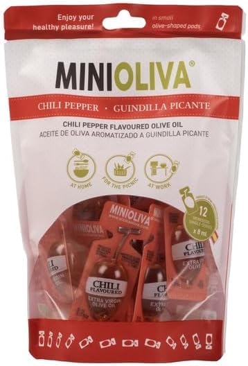 MINIOLIVA Aceite de Oliva Aromatizado con Guindilla Picante - 12 Dosis Individuales de 8 ml, Perfecto para Casa, Trabajo y Picnic con Empaque Ecológico y a Prueba de Fugas