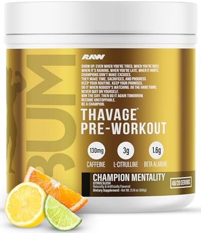 RAW Pre Workout Powder, Thavage (Champion Mentality) - Chris Bumstead Sports Nutrition Supplement for Men & Women - Cbum Pre Workout for Working Out, Hydration, Mental Focus & Energy - 40 Servings