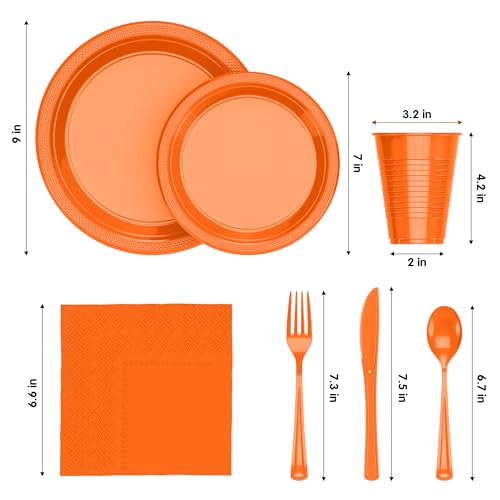 Image of Exquisite 350 Pcs Orange Plates and Napkins Party Supplies Plate Sets | Sturdy Plastic Dinnerware Set With 9 inch & 7 inch Plates, 12 Oz Cups, Lunch Napkins and Cutlery Serves 50 for Birthdays & Everyday