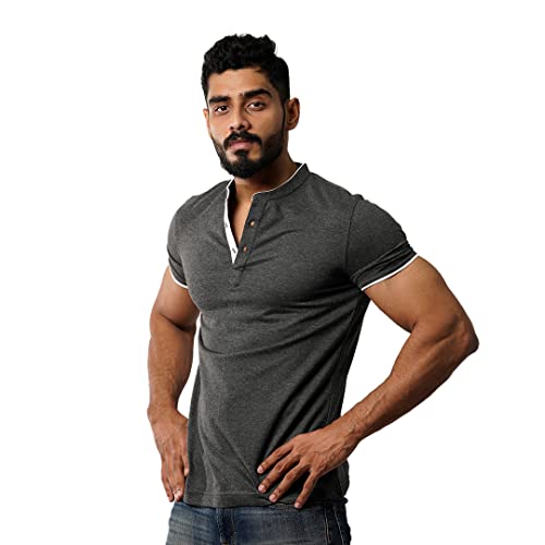 Image of Henley Mandarin Collar Solid Colour Short Sleeve Regular fit T-Shirts for Men from XS to 8XL.