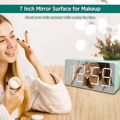 Image of Peakeep Digital Clock, Alarm Clock Battery Backup Powered for Bedrooms - Mirror Face Large Numbers 6 Dimmers for Seniors, Super Loud for Heavy Sleepers (Aqua)