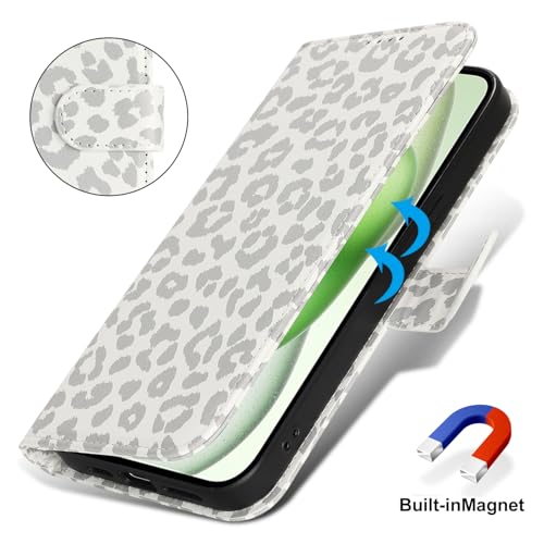 Image of for iPhone 15 Plus Case Wallet with Card Holder,for iPhone 14 Plus Wallet Case for Women Men,PU Leather Shockproof Magnetic Buckle Stand Flip Phone Case-White Leopard