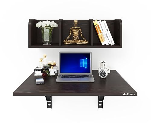 Image of Madhuran Engineered Wood Wall Mounted Laptop Study Table Desk with Books Storage Corner Shelf (Matte Wenge) Office Kitchen Students Reading Working Desk Organizer Work Home