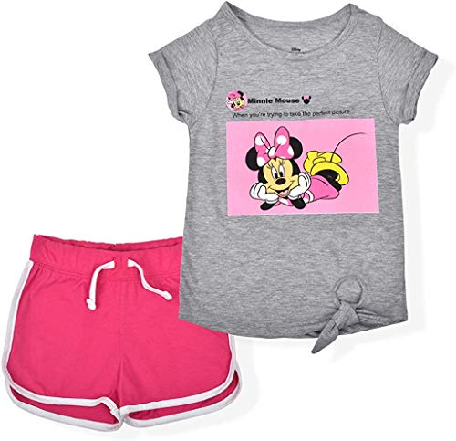 Disney Minnie Mouse Girl s 2-Piece Perfect Picture Shorts and Graphic Tee Shirt Set, Grey/Pink, Size 10