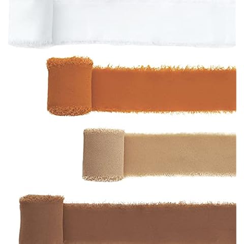 4 Rolls Chiffon Fringe Ribbon Handmade Chiffon Ribbon Silk-Like Frayed Edges Ribbon 2"x 5 Yards for Bouquets Wrapping Decor Wedding Tie Invitations Crafts (Hazelnut Caramel) Cover