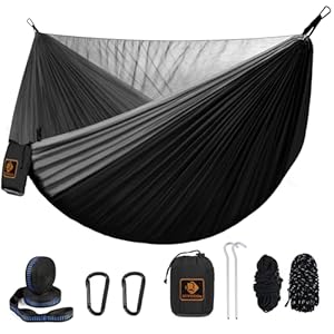 Camping Hammock, Portable Hammocks with Mosquito Net,Lightweight Nylon Parachute Hammock with 10ft Tree Straps,Camping Gear Must Haves for Travel Hiking Backpacking Beach Patio-Black&Grey