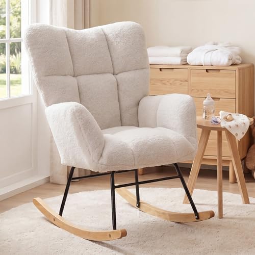 Image of DEKKETO Nursing Rocking Chair, Teddy Glider Chair for Nursery, Comfy Living Room Armchairs with High Backrest for Adults, Ivory