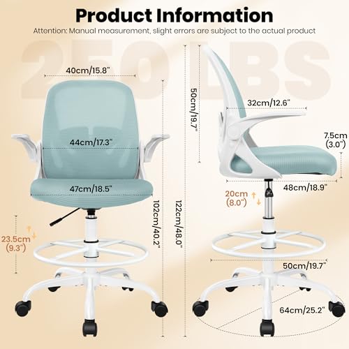 Image of Primy Drafting Chair Tall Office Chair with Flip-up Armrests Executive Ergonomic Computer Standing Desk Chair with Lumbar Support and Adjustable Footrest Ring(Light Blue)