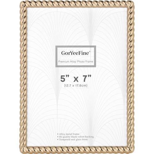 GorYeeFine High-End Zinc Alloy 5x7'' Gold Photo Frames - Modern Rope Profile,Elegant Velvet Backing & Tempered Glass Front for Weddings & Home Decor,Classhy Metal Frame for Table Top and Wall Hanging