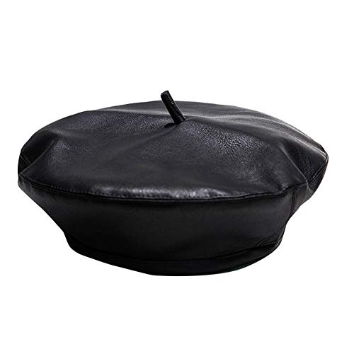 HADM French Beret PU Leather Beret Newsboy Cap Cabbie Beanie Winter Hat Black