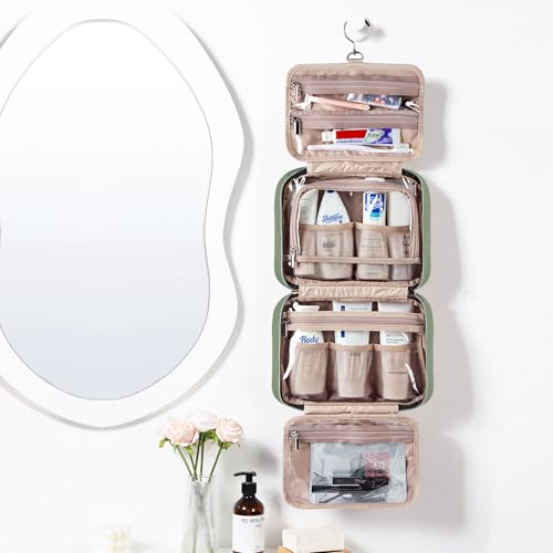 Image of NISHEL Large Double Layer Travel Makeup Bag Women, Cosmetic Case, Organizer for Travel-Size Accessories Bottles, Brushes, Conditioner, and Skin Care Products, Bronze Green