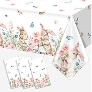 Vanulus 3Pcs Spring Easter Bunny Party Tablecloth Cute Rabbits Pink Floral Disposable Plastic Table Cover Rectangle Table Cloth for Spring Farmhouse Picnic Dinner Table 54x108Inch