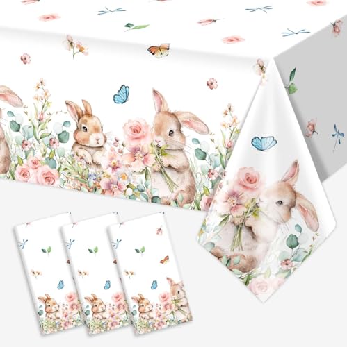 Vanulus-3Pcs-Spring-Easter-Bunny-Party-Tablecloth-Cute-Rabbits-Pink-Floral-Disposable-Plastic-Table-Cover-Rectangle-Table-Cloth-for-Spring-Farmhouse-Picnic-Dinner-Table-54x108Inch Vanulus 3Pcs Spring Easter Bunny Party Tablecloth Cute Rabbits Pink Floral Disposable Plastic Table Cover Rectangle Table Cloth for Spring Farmhouse Picnic Dinner Table 54x108Inch
