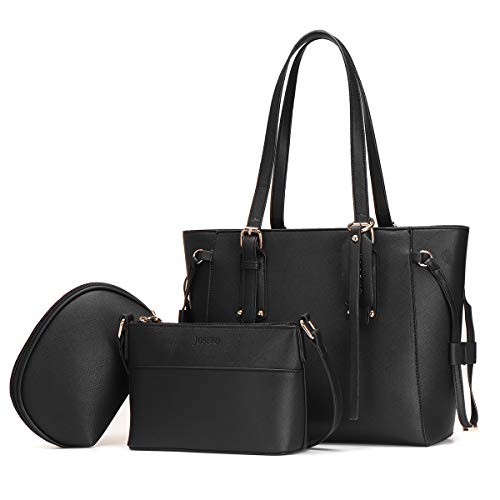 JOSEKO Leather Tote Purses and Handbags for Women, Shoulder Bags Top Handle Satchel Crossbody Hobo 3pcs Purse Set Black