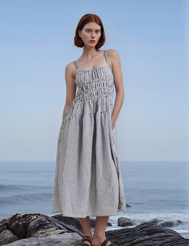 Women's 2025 Summer Striped Smocked Maxi Dress Sleeveless Boho Sundress Double Strap Flowy Swing for Beach Vacation3