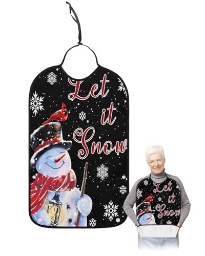 Black Snowman Christmas Adult Bibs for Eating, Waterproof Bibs with Food Catcher & Adjustable Snap Closure, Xmas Birds Winter Snowflake Washable Clothing Protectors Adult Bibs for Elderly Women/Men