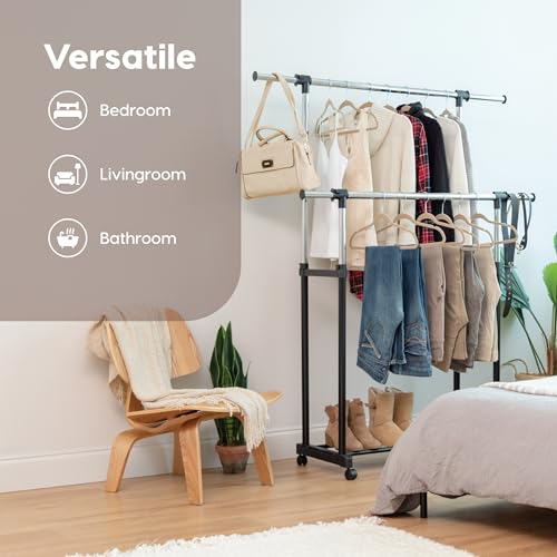 IRIS USA Portable Double-Rod Height Adjustable Clothes Rack with Extendable Bar and Lockable Wheels, Rolling Garment, Double Rod Wardrobe Rack, Easy Assemble, for Clothes, Belts, Shoes, and Bags by IRIS USA - Image 4