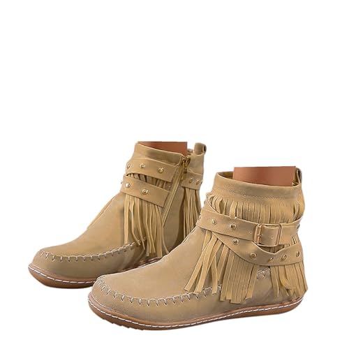 Memmyly Santiags Damen-Stiefel, Fransen, Ankle, flach, bequem, indisch, niedrig, Boho-Stil, mit Reißverschluss, Stiefeletten, Alltag, weiche Sohle, Santiag, Western