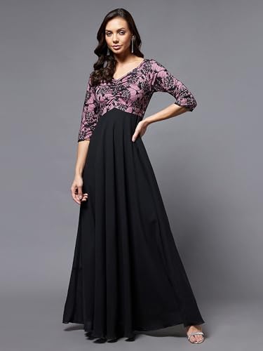 Image of Miss Chase Women's Sweet-Heart Neck 3 /4 Sleeve Self Design Fit & Flare Maxi Dress with Pockets