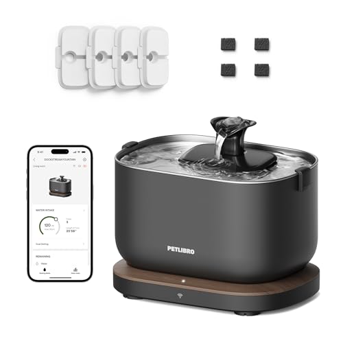 Image of Bundle of PETLIBRO App Monitoring Cat Water Fountain with Wireless Pump + 4 Packs Genuine Replacement Filters, 2.5L /84oz Dockstream Pet Water Fountain for Cats Inside, Auto Cat Water Dispenser Dog
