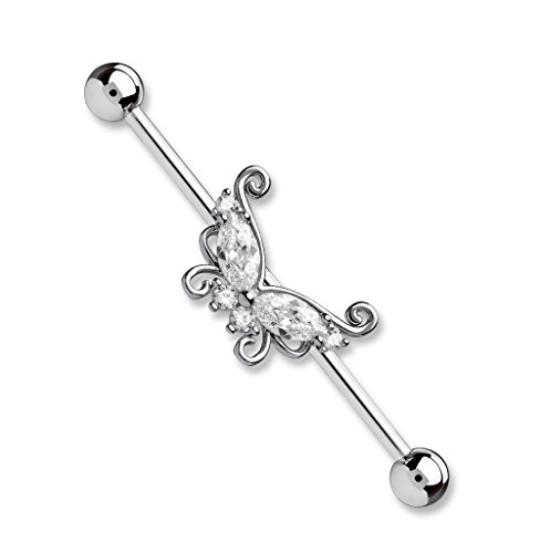 Pierced Owl 14Ga 316L Surgical Steel Cz Crystal Butterfly Industrial Barbell (Clear) #TOP9
