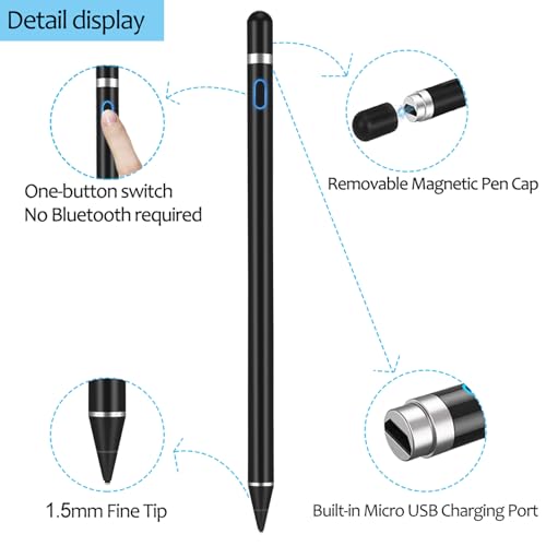 DOGAIN Active Stylus Pens For Touch Screens, Stylist Digital Pen, 1.5Mm Fine Point Rechargeable iPad Pencil For Drawing/Writing/Playing, Compatible With Ios/Android And Other Tablets(Black) 2 41i+QNElbNL