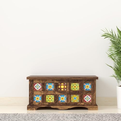 Image of Amazon Brand - Solimo Starlore Solid Sheesham Wood Storage Trunk | Wooden Box Chest for Clothes Linen Storage for Bedroom Living Room Home (Natural Finish)