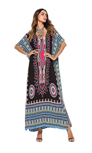 EPLAZA Women Hippy Boho Maxi Long Kaftan Caftan Dress Night Gown Free Size (Black)