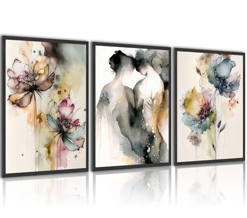 3 Pieces Watercolor Canvas Wall Art, Abstract Poster Print, Romantic Couple and Flowers Painting, Living Room Bedroom Decor Gallery Mural Artwork 12x16 Inch Unframed